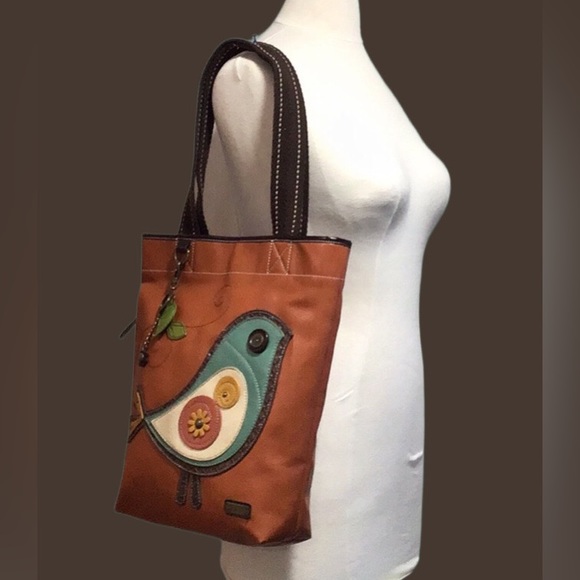 NEW CHALA HANDBAGS Bird Tweet Shoulder Bag, Large Tote, Burnt Orange & Teal - Picture 2 of 15